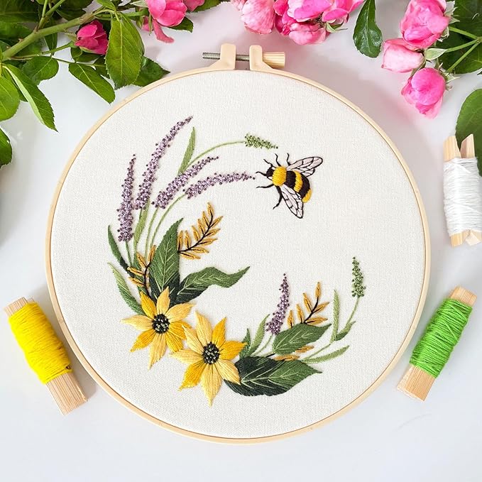 Myfelicity Embroidery kit for Adults, 3-Piece Bee and Butterfly Floral Designs, Including Tools Handmade Embroidery Hoop Art Set (Yellow)