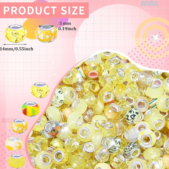 200Pcs Large Hole Beads Spacer Bead Yellow Assorted European Craft Big Beads Large Hole Lampwork Murano Fairy Wand Garden Bead for DIY Charm Bracelet Necklace Jewelry Making Decoration Supplies