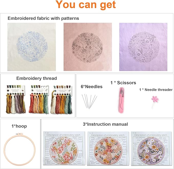 myfelicity embroidery kit, adult embroidery material set with cute flowers and plants patterns. 3 embroidery clothes and colors threads. 1 hoop. (flowers-a)