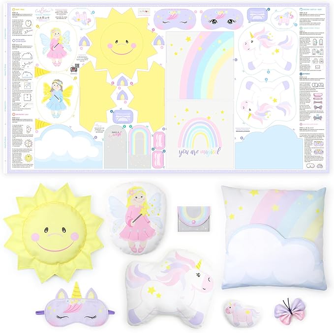 kullaloo Fabric Sewing kit for Beginners - with Video Instructions - Cut & Sew Fabric Panel with Unicorn and Fairy - DIY Carft for Girls (Magic World)