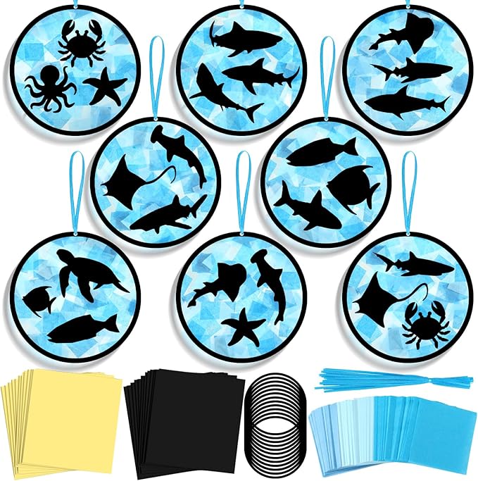 30 Pcs Ocean Fish Suncatchers Paper Craft Set Sea Ocean Shark DIY Stained Glass Effect Tissue Paper Kits Gift Bulk for Summer Activities Art Party Decor