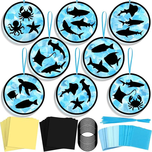 30 Pcs Ocean Fish Suncatchers Paper Craft Set Sea Ocean Shark DIY Stained Glass Effect Tissue Paper Kits Gift Bulk for Summer Activities Art Party Decor