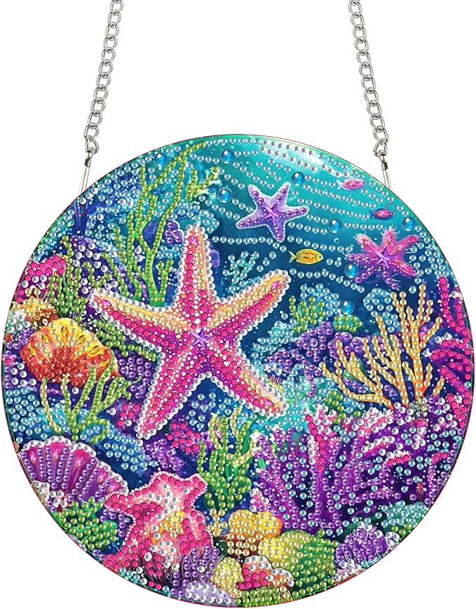 Bimkole Starfish Diamond Art Hanging Kit for Adult, DIY 5D Diamond Art Oceans Window Pendant, Acrylic Crystal Art Hanging Ornament Home Wall Garden Front Door Sign Outdoor Decor 7.8x7.8 Inch