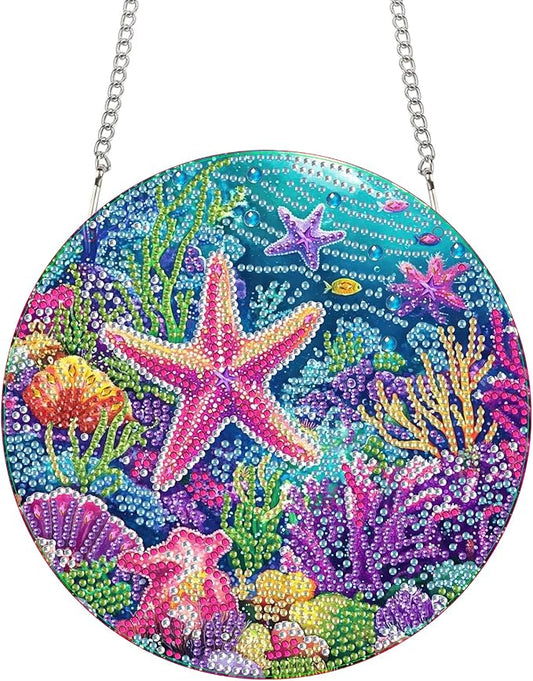 Bimkole Starfish Diamond Art Hanging Kit for Adult, DIY 5D Diamond Art Oceans Window Pendant, Acrylic Crystal Art Hanging Ornament Home Wall Garden Front Door Sign Outdoor Decor 7.8x7.8 Inch