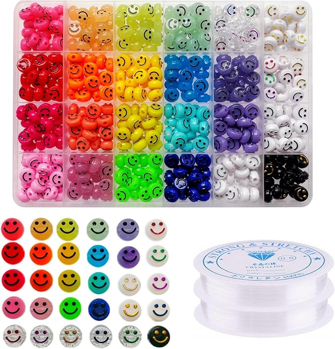 Amaney 480pcs Smiley Face Beads 24 Colors 10mm Big Acrylic Spacer Beads for Jewelry Bracelet Earring Necklace Craft Mobile Phone Pendant Making Kit