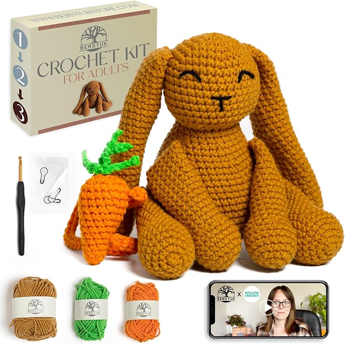 Berstuk Level 3 Intermediate Crochet Kit for Adults – Amigurumi Bunny Crochet Kit with Video Tutorials – Complete Crochet Animal Kit with Tools & Stuffing – Learn to Crochet Stuffed Animals