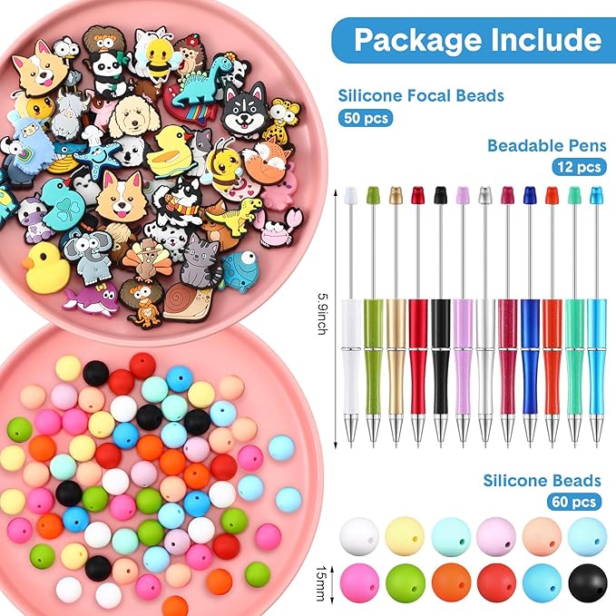 Humyoun 122 Pcs Silicon Focal Beads for Pens Set Include 12 Beadable Pens and 110 Silicone Focal Beads for Keychains DIY Making Bracelet Supplies
