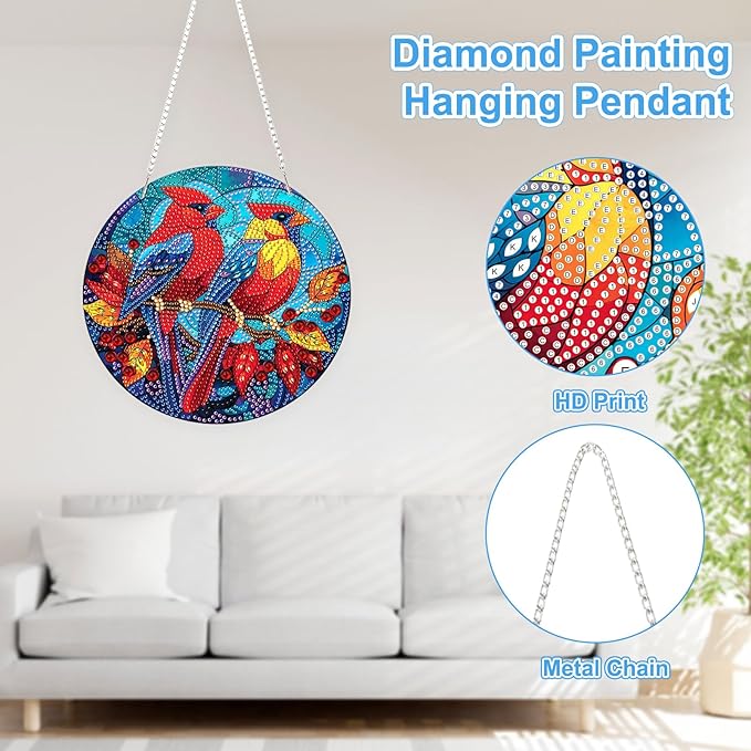 TOSTOG Diamond Art Hanging Kits for Adults, DIY Cardinal Diamond Painting for Adults Window Pendant, Special Shape Diamonds Cardinal Diamond Painting Hanging Pendant Kit for Wall Decor Gift