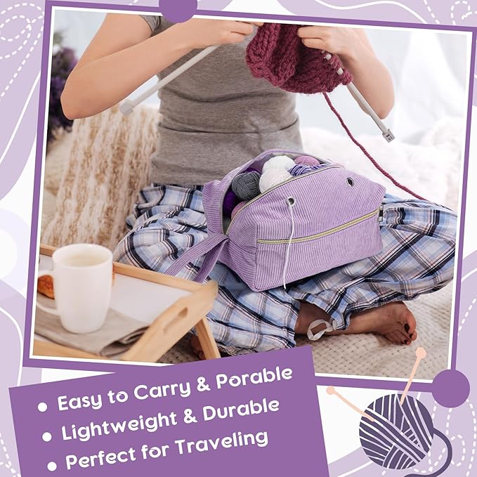 Bulyoou 2 Pcs Crochet Bag and Tote Set Corduroy Yarn Bag Crochet Tote Bag for Crochet Hooks Organizer Yarn Holder for Crochet Lovers Knitting Bag Crochet Accessories(Purple)