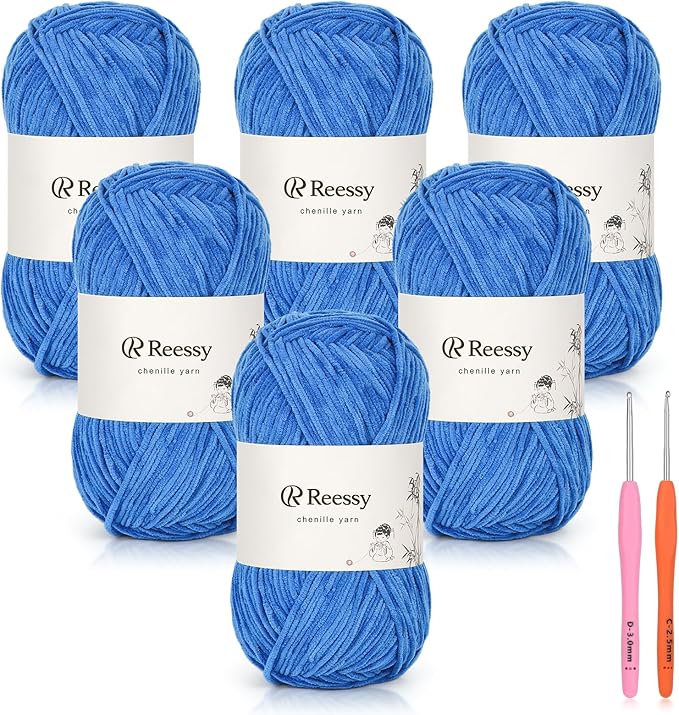 Skinny Chenille Yarn for Crocheting - 6 Pack of 50g/158yd (948yd Total) - Soft Matte Thin Chenille CYC #2 - Fine Weight Baby Yarn for Plush Toys, Baby Blankets & Small Crafts(Navy Blue)