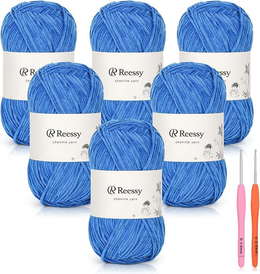 Skinny Chenille Yarn for Crocheting - 6 Pack of 50g/158yd (948yd Total) - Soft Matte Thin Chenille CYC #2 - Fine Weight Baby Yarn for Plush Toys, Baby Blankets & Small Crafts(Navy Blue)
