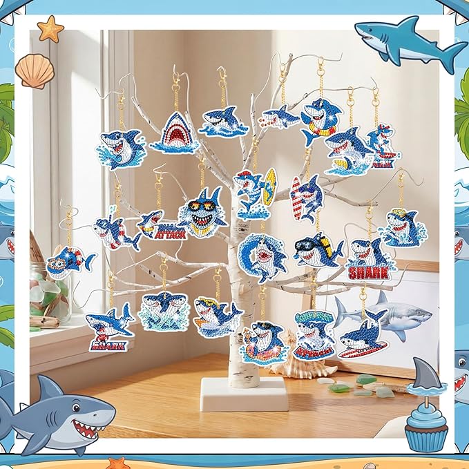 Huquary 30 Pcs Summer Diamond Art Keychains Shark Diamond Art Kits for Aldults Double Sided 5d Rhinestones Ocean Animal Beach Hanging Key Chains Ornaments for Beginners DIY Crafts Party