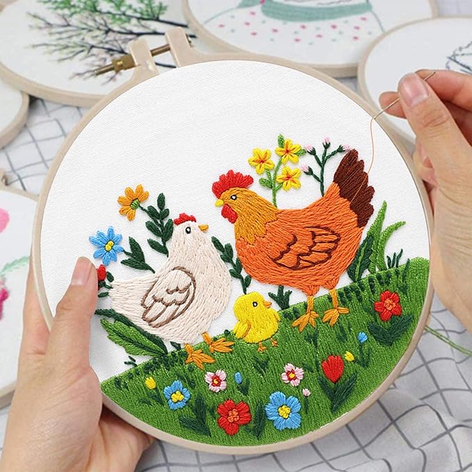 Louise Maelys Funny Animal Embroidery Kits for Beginners,Cross Stitch Kit for Adults,DIY Needlepoint with Hen Rooster Chick and Flower Lawn Pattern