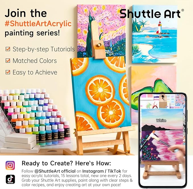 72 Pack Acrylic Paint Set, Shuttle Art 60 Colors Acrylic Paint Including Extra White Black & 12 Brushes, 2oz/60ml, Rich Pigmented, Water Proof, Ideal for Artists, Beginners on Canvas Rock Wood Ceramic
