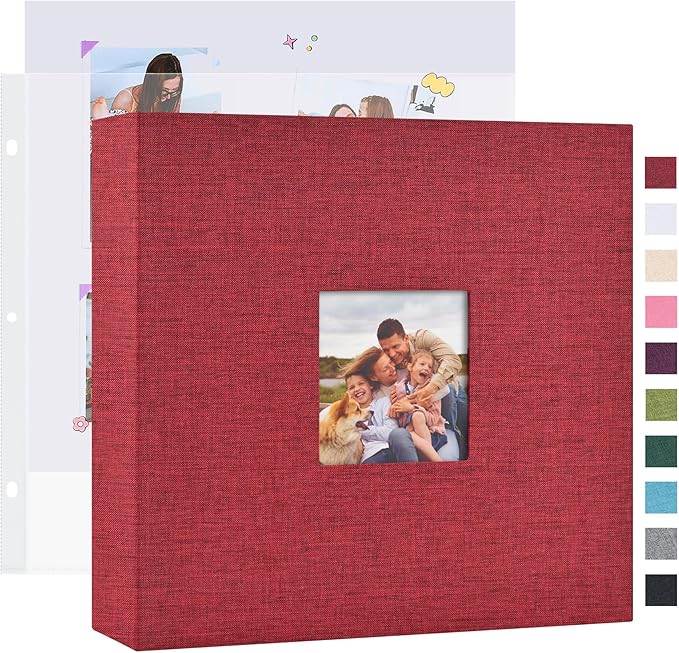 Mublalbum 10x10 Inch DIY Scrapbook Photo Album with 40 Plastic Sleeves 80 Pages Linen Cover 3 Ring Folder Binder for Wedding Baby Family and DIY Projects (Red)