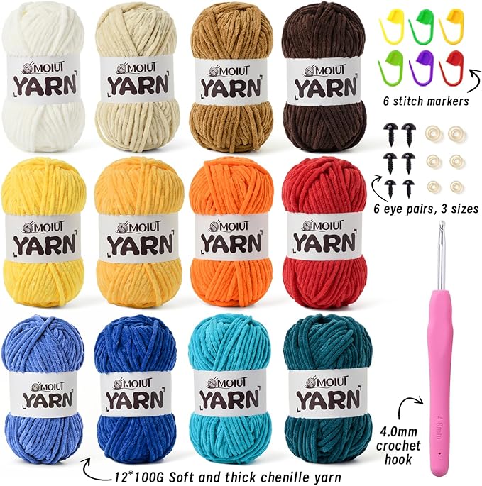 12 Pack Velvet Yarn for Knitting, Chunky Chenille Yarn for Crocheting, Baby Yarn for Crocheting Soft Blanket, Super Bulky 42.3oz(1049yds), Multicolor Amigurumi Yarns Set E