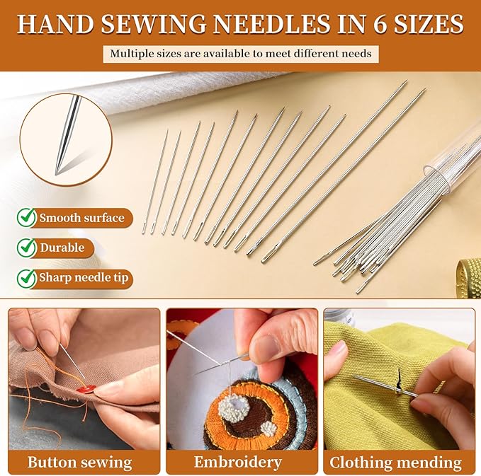 42 PCS Big Eye Steel Sewing Needles Kit, 6 Size Steel Needles for Hand Sewing, Needle and Thread Sewing Kit with Seam Ripper, Threader, Storage Box Supplies for Repairing Quilting Embroidery Crafts