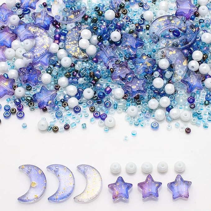 Mixed Star Moon Crystal Glass Beads Seedbeads Loose Round Pearl Beads for Jewelry Making Craft Bracelets Necklaces Earrings DIY Crafts Projects Blue Glass Spacer Bead Kits for Crafts