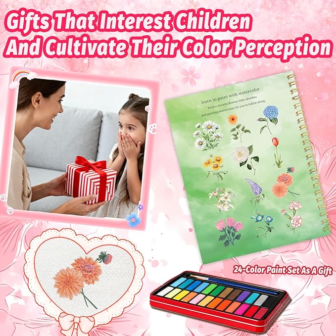 Watercolor Workbook - Coloring Book Beginner Friendly Painting Kit, Watercolor Workbooks for Adults with 24 Colors Paint, Exploration Gift for Adults Teens (Flowers)