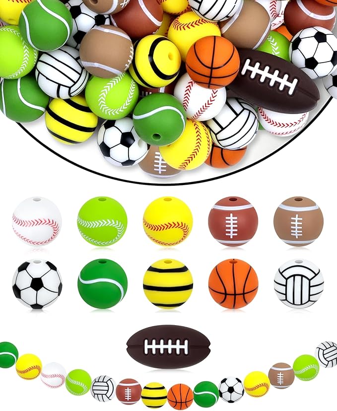 FIVEIZERO 41PC Sports Baseball Silicone Beads - Multi-Sport Focal Beads (Football Soccer Basketball Volleyball) for Keychains, Bracelets, Jewelry Making & Team Spirit Crafts