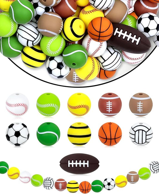 FIVEIZERO 41PC Sports Baseball Silicone Beads - Multi-Sport Focal Beads (Football Soccer Basketball Volleyball) for Keychains, Bracelets, Jewelry Making & Team Spirit Crafts