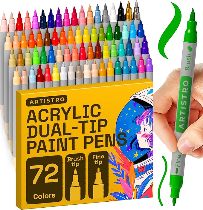 ARTISTRO 72 Acrylic Paint Markers - Paint Pens for Drawing, Brush + Fine Tips - For Fabric, Rock, Glass, Wood, DIY, Eggs - Art & Craft Supplies for Adults, Teens, Kids - Easter Basket Stuffers