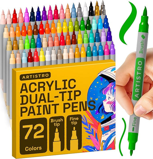 ARTISTRO 72 Acrylic Paint Markers - Paint Pens for Drawing, Brush + Fine Tips - For Fabric, Rock, Glass, Wood, DIY, Eggs - Art & Craft Supplies for Adults, Teens, Kids - Easter Basket Stuffers