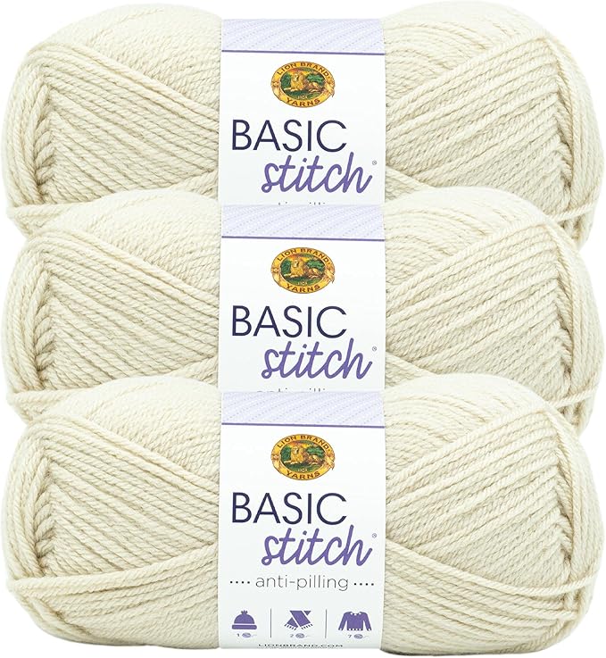 Lion Brand Yarn Basic Stitch Anti-Pilling Yarn for Crocheting, Knitting, and Crafts, Beige Heather, 3 Pack