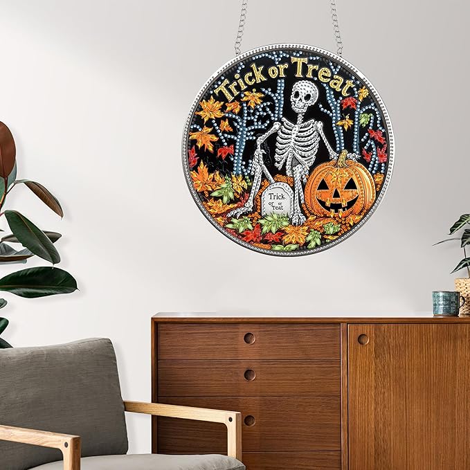 Reofrey Hanging Diamond Art Kits for Adults - 8x8 Inch Halloween Skeleton Acrylic Board Double Sided Pattern Diamond Art Suncatcher Pendant, Crystal Art for Home Wall or Window Decoration Gift
