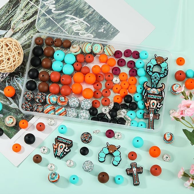 121 Pcs Cattle Themed 12mm 15mm Silicone Beads Kit for Keychain Making Cross Beads Round Focal Beads for Pens Bracelets Necklace DIY Crafts Jewelry Making