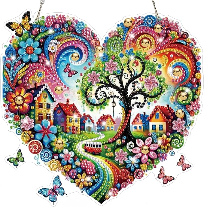Bowetile Heart-Shaped Flower Diamond Art Hanging Kits for Adults, Diamond Art Suncatchers Tree of Life, 5D Special Shape Diamond Painting Pendant Window Ornament Gifts for Home Wall Decor