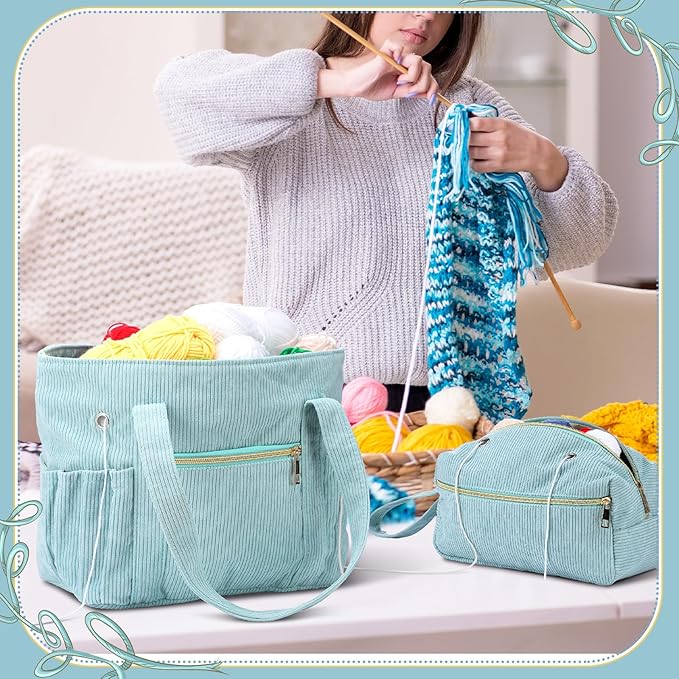 Bulyoou 2 Pcs Crochet Bag and Tote Set Corduroy Yarn Bag Crochet Tote Bag for Crochet Hooks Organizer Yarn Holder for Crochet Lovers Knitting Bag Crochet Accessories(Blue)