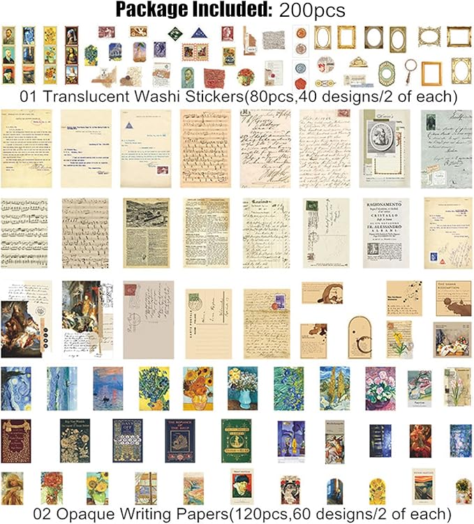 Esweny 200PCS Vintage Scrapbooking Supplies Kit for Journaling, Junk Journal Planners Aesthetic Cottagecore Room Decor Wall Art Collage Album(Artistic)