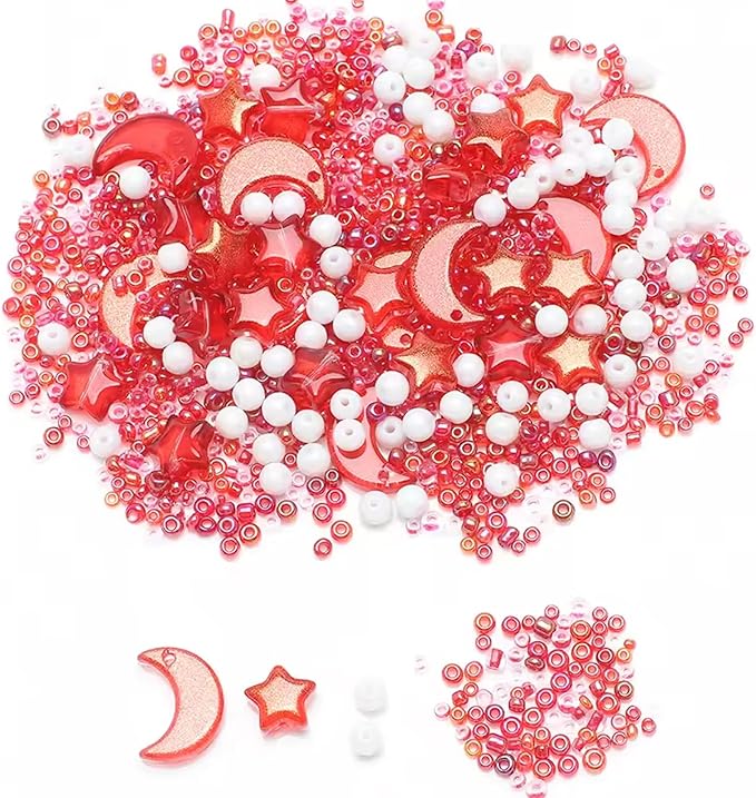 Mixed Star Moon Crystal Glass Beads Seedbeads Loose Round Pearl Beads for Jewelry Making Craft Bracelets Necklaces Earrings DIY Crafts Projects Red Glass Spacer Bead Kits for Crafts