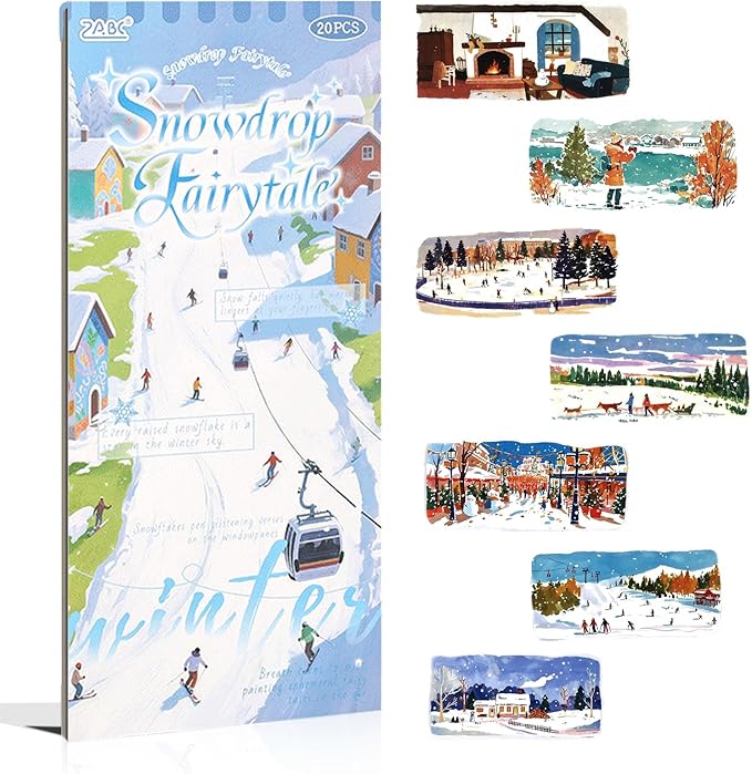 20 Sheets Pre-Cut Winter Scenery Scrapbook Sticker Book for Scrapbooking Supplies, Dual Washi and PET Materials Decorative Stickers for Journaling, Collage, Bujo, Crafts, 4.5 x 9.8 inches