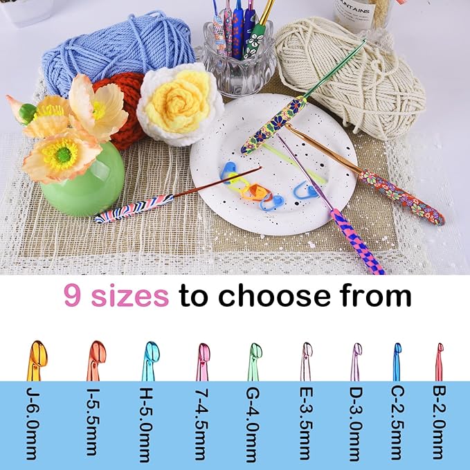 Crochet Hooks,9 Size Colorful Metal Crochet Hooks (2.0mm-6mm) Set with Stitch Markers for Beginners,Knitting Needles with Ergonomic Handles for Comfortable Crocheting