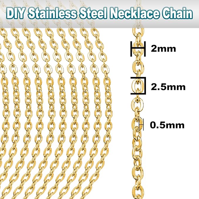 jishi 33ft stainless steel gold plated chain for jewelry making supplies - 2mm 18k gold plated non tarnish - 33ft roll with lobster clasps, jump rings - gold