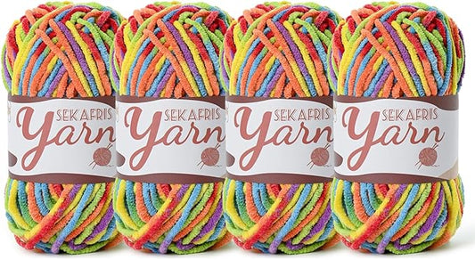 4 Pack Fluffy Velvet Yarn for Crocheting，Baby Blanket Yarn for Crocheting Soft，200g(262.4yds) Amigurumi Yarns，Plush Chenille Crochet Yarns，Puzzle Yarn for Crochet Weaving Craft(4 Rainbow)