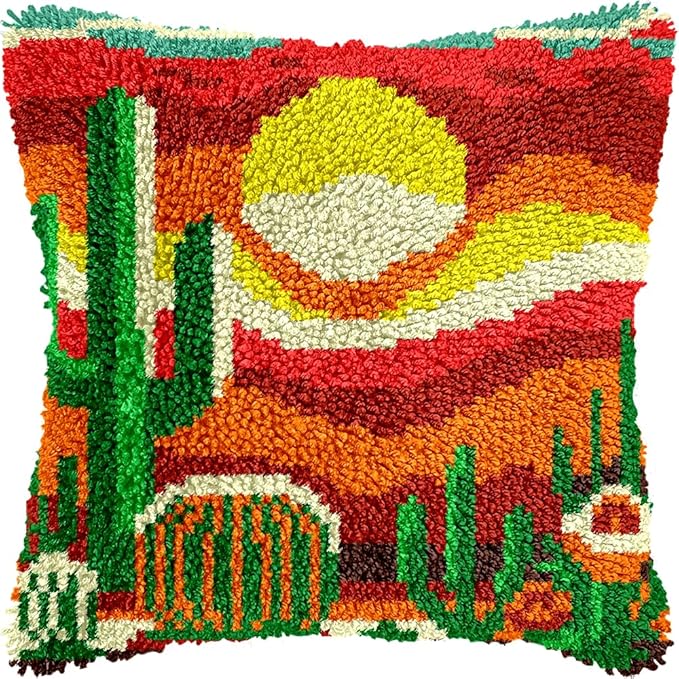 veirousa Desert Scene Latch Hook Kits for Adults Kids Beginners, Cactus Sunset Latch Hook Pillow Kit Pre-Printed Latch Hook Rug Kits Cross-Stitch Cushion for Home Sofa Decoration 17x17 in. Craft Gift