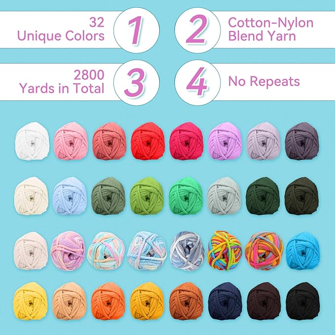 Timgle 32 Pcs Crochet Yarn for Beginners 2100 Yards Cotton for Crocheting and Knitting Soft 24x50g in Total Cotton Nylon Blend Easy Yarn for Knitting Crochet Crafts Project (32 Colors)