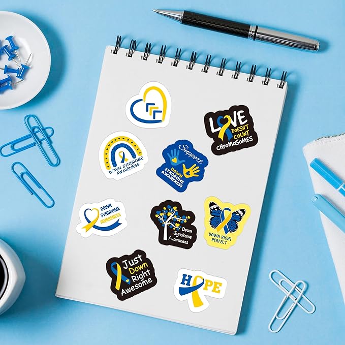 beyumi down syndrome awareness sticker - 1000pcs down syndrome awareness stickers in 2 rolls waterproof vinyl blue yellow ribbon decals school event campaign laptop bottle luggage decor for kids teens