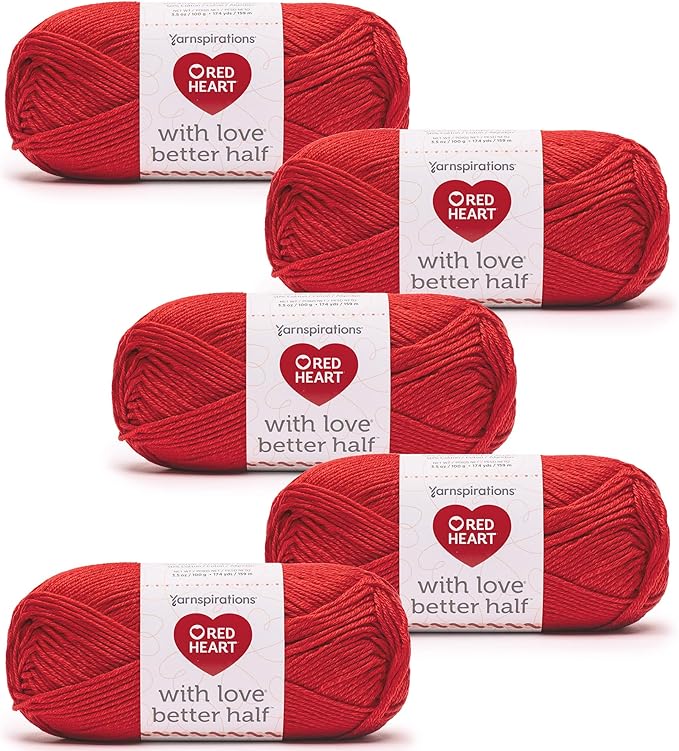 Red Heart with Love Better Half Poppy Yarn - 5 Pack of 100g/3.5oz - 50% Acrylic 50% Cotton - #4 Worsted (Medium) - 174 Yards - Knitting/Crochet