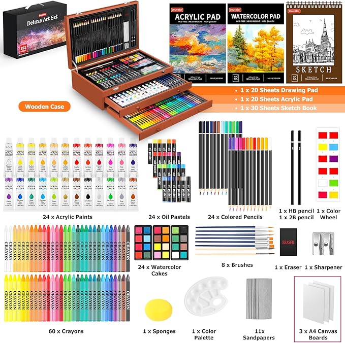 Soucolor Arts and Crafts Kits, 192-Pack Deluxe Art Set Coloring Drawing Painting Supplies Art Kit with Acrylic Pad, Watercolor Pad, Sketch Book, Canvases, Acrylic Paint, Crayons, Pencils