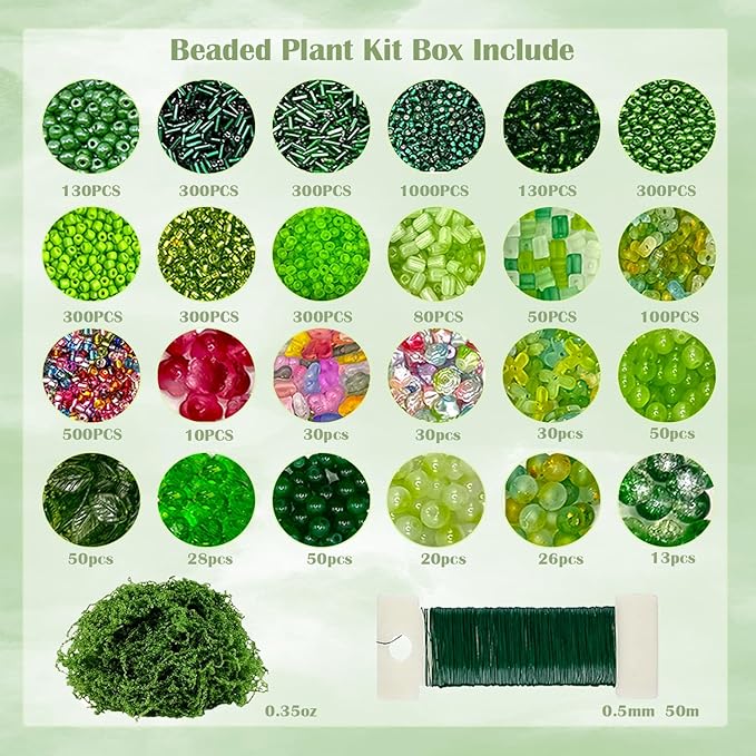 Lyukii Green Glass Beaded Plant Kit, DIY Crystal Leaf Beads for Jewelry Making and Botanical Craft, Unique Gift for Plant Lovers