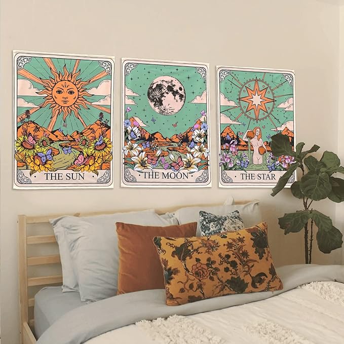 aipon tarot tapestry cute tarot card tapestries 3 pack sun moon star green floral flower small aesthetic tapestry wall hanging for bedroom living room dorm (20'' × 27'')