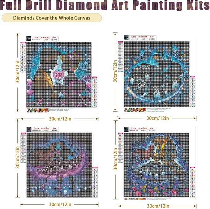 KEYRANKE 4 Pack Princess Diamond Painting Kits for Adults 5D DIY Diamond Art Kit Paint with Round Full Drill Diamonds for Beginners Gem Paintings Art for Home Wall Decor Gifts (12X12 Inch)