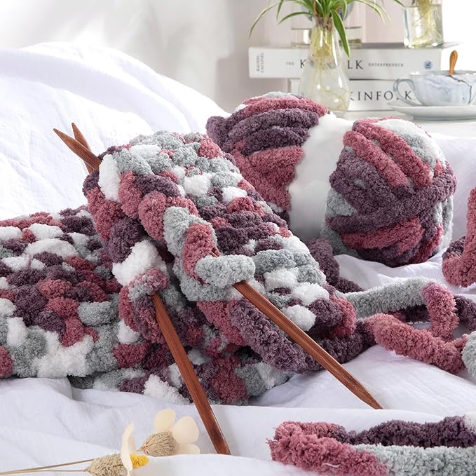 HOMBYS Chunky Tie Dye Mix Chenille Yarn for Hand Knitting, Super Bulky Jumbo Yarn for Crocheting, 3/4" Thick Soft Plush Yarn for Blankets, 12 Skein Pack (26 yds / 7.5 oz Each) Red Purple