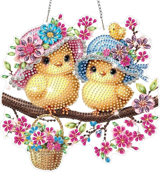 MEIYUDA Bird Diamond Art Hanging Kits for Adult, Flowers Bird Diamond Painting Hanging Kits Ornaments, DIY Special Shaped Rhinestone Window Pendants Kit for Home Garden Wall Decor Gift