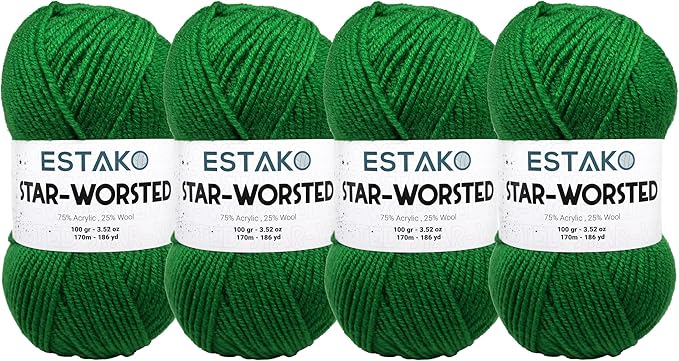 Estako Star-Worsted Yarn - (4 Skeins Pack) - 75% Acrylic 25% Wool - Soft Medium Weight #4 - (4 x 3.52 oz / 4 x 186 yds) - Crochet & Knitting Yarn (44246 - Green)