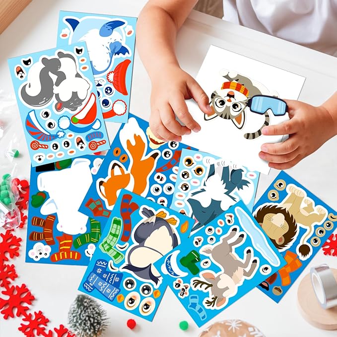 60sheets winter animal stickers crafts bulk, christmas make- a- penguin/fox/owl/reindeer face sticker holiday gifts goodie bag stuffer activity games party favors(small size)